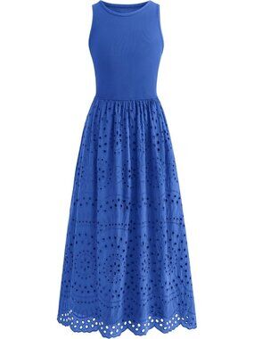 Women's Dress Maxi Blue Crew Neck Short Sleeveles Pockets A Line Casual Summer